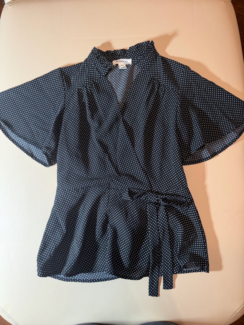 Monteau Los Angeles Polka Dot Blouse Size Small Tie Waist Bell Sleeve